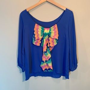 Karlie - Blue Top with Rainbow Bow